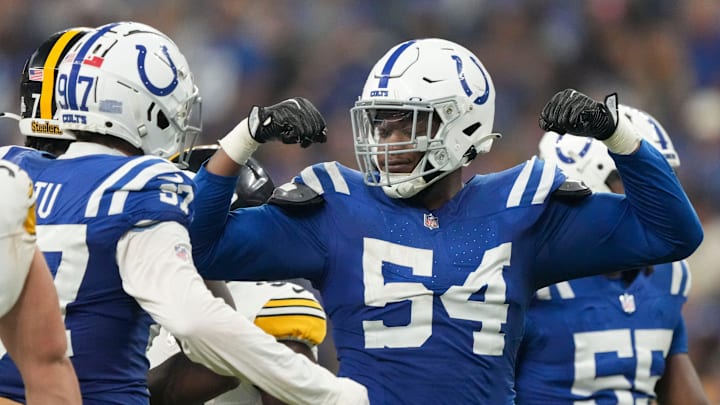 Indianapolis Colts defensive end Dayo Odeyingbo (54) reacts to a play Sunday, Sept. 29, 2024, during a game against the Pittsburgh Steelers at Lucas Oil Stadium in Indianapolis.