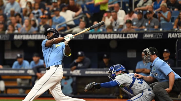 May 26, 2024; St. Petersburg, Florida, USA; Tampa Bay Rays left fielder Randy Arozarena (56) bats in the second inning against the Kansas City Royals at Tropicana Field. Mandatory Credit: Jonathan Dyer-USA TODAY Sports