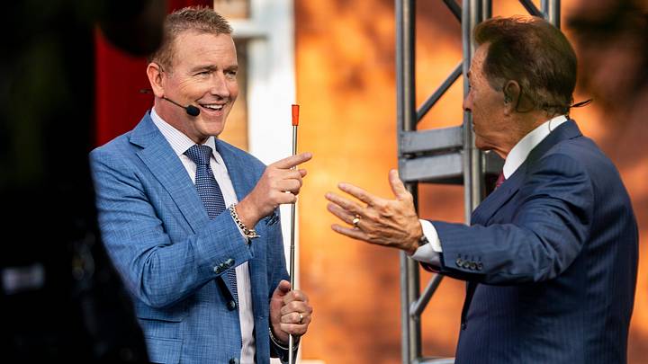 Kirk Herbstreit points at Nick Saban during ESPN’s College GameDay at The Grove in Oxford, Miss., on Saturday, Sept. 19, 2026. The GameDay visit for the Ole Miss-LSU game marks the return of head coach Lane Kiffin since leaving Ole Miss. Kirk Herbstreit points at Nick Saban during ESPN’s College GameDay at The Grove in Oxford, Miss., on Saturday, Sept. 19, 2026. The GameDay visit for the Ole Miss-LSU game marks the return of head coach Lane Kiffin since leaving Ole Miss.