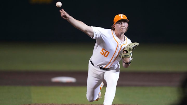 Tennessee pitcher Tanner Franklin (50) pitches during a NCAA baseball game between Tennessee and Kentucky at Lindsey Nelson Stadium in Knoxville, Tenn., on April 18, 2025.