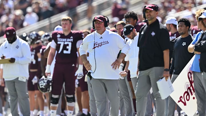 Oct 5, 2024; College Station, Texas, USA; Texas A&M Aggies head coach Mike Elko looks on in the first quarter against the Missouri Tigers at Kyle Field.