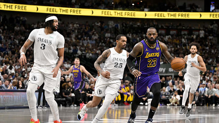Apr 9, 2025; Dallas, Texas, USA; Dallas Mavericks forward Anthony Davis (3) and forward P.J. Washington (25) and Los Angeles Lakers forward LeBron James (23) in action during the game between the Dallas Mavericks and the Los Angeles Lakers at American Airlines Center. Mandatory Credit: Jerome Miron-Imagn Images