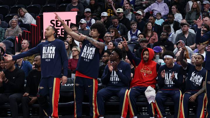 Feb 26, 2026; Salt Lake City, Utah, USA; The New Orleans Pelicans bench reacts after a shot against the Utah Jazz during the first half at Delta Center. Mandatory Credit: Rob Gray-Imagn Images Feb 26, 2026; Salt Lake City, Utah, USA; The New Orleans Pelicans bench reacts after a shot against the Utah Jazz during the first half at Delta Center. Mandatory Credit: Rob Gray-Imagn Images