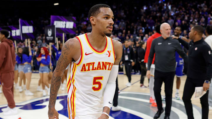 Jan 22, 2024; Sacramento, California, USA; Atlanta Hawks guard Dejounte Murray (5) walks off the