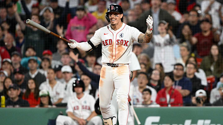 Jun 2, 2025; Boston, Massachusetts, USA; Boston Red Sox outfielder Jarren Duran (16) reacts after striking out against the Los Angeles Angels during the eighth inning at Fenway Park. Mandatory Credit: Brian Fluharty-Imagn Images