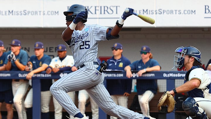 May 31, 2025; Oxford, MS, USA; Georgia Tech Yellowjackets catcher Vahn Lackey (25) singles during the first inning against the Murray State Racers. Mandatory Credit: Petre Thomas-Imagn Images May 31, 2025; Oxford, MS, USA; Georgia Tech Yellowjackets catcher Vahn Lackey (25) singles during the first inning against the Murray State Racers. Mandatory Credit: Petre Thomas-Imagn Images