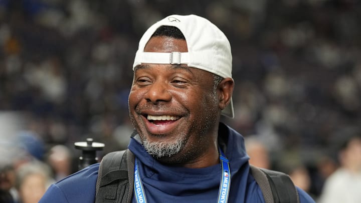 Seattle Mariners former player Ken Griffey Jr. stands on the field before the game between the Los Angeles Dodgers and the Chicago Cubs during the Tokyo Series at Tokyo Dome on March 18. 