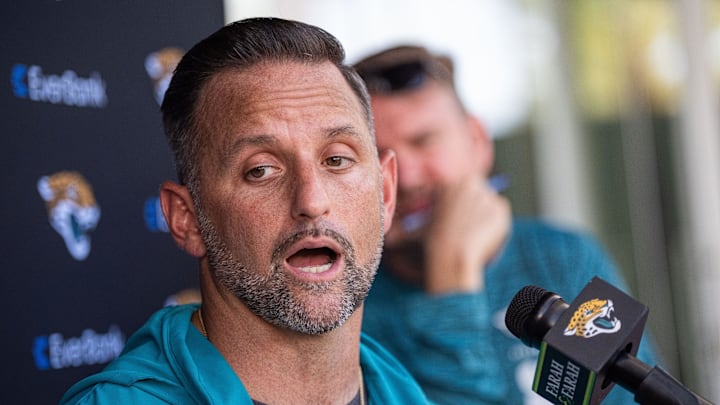 Jacksonville Jaguars Defensive Coordinator Anthony Campanile answers questions after the Jaguars 14th NFL training camp session at Miller Electric Center Tuesday August 12, 2025 in Jacksonville, Fla. The Jaguars travel to New Orleans to play the Saints this Sunday in their second preseason game. [Doug Engle/Florida Times-Union]