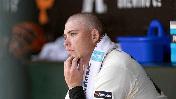 San Francisco, California, USA; San Francisco Giants starting pitcher Blade Tidwell (46) sits in the dugout while his team bats against the Colorado Rockies during the second inning at Oracle Park. Mandatory Credit: D. Ross Cameron-Imagn Images