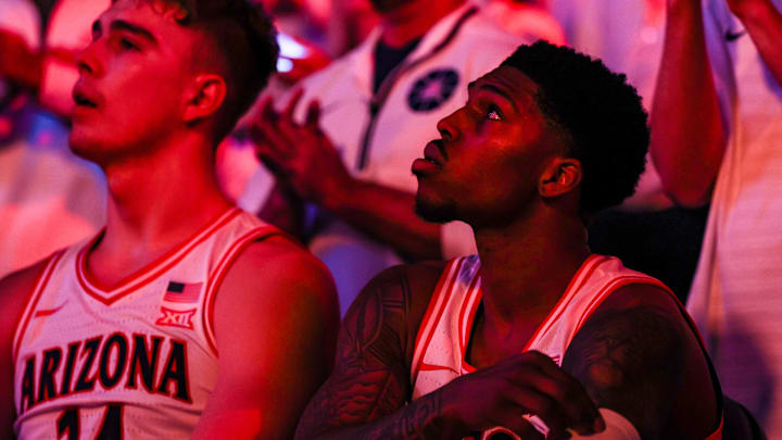 Nov 22, 2024; Tucson, Arizona, USA; Arizona Wildcats guard Caleb Love (1) looks up to the big screen before the game against the Duke Blue Devils at McKale Center. Mandatory Credit: Aryanna Frank-Imagn Images