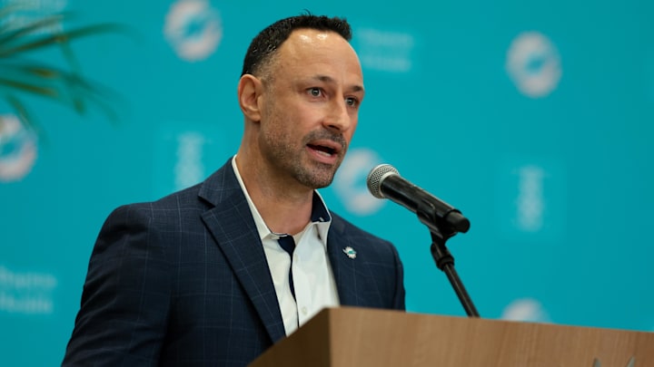 Miami Dolphins general manager Jon-Eric Sullivan speaks to reporters during his introductory press conference at Baptist Health Training Complex.