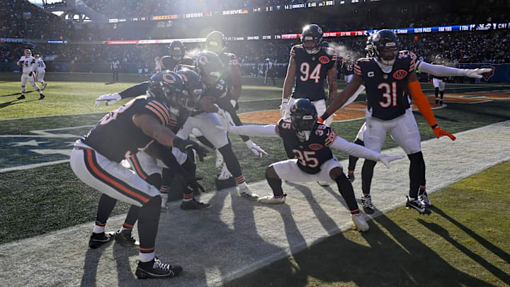 Bears linebacker D'Marco Jackson (48) and Bears slot cornerback C.J. Gardner-Johnson (35) celebrate after an interception. Bears linebacker D'Marco Jackson (48) and Bears slot cornerback C.J. Gardner-Johnson (35) celebrate after an interception.