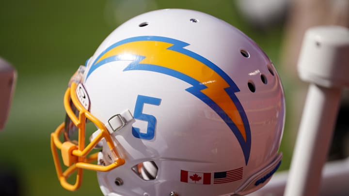 Oct 22, 2023; Kansas City, Missouri, USA; A general view of a Los Angeles Chargers helmet against the Kansas City Chiefs during the first half at GEHA Field at Arrowhead Stadium. Mandatory Credit: Denny Medley-Imagn Images