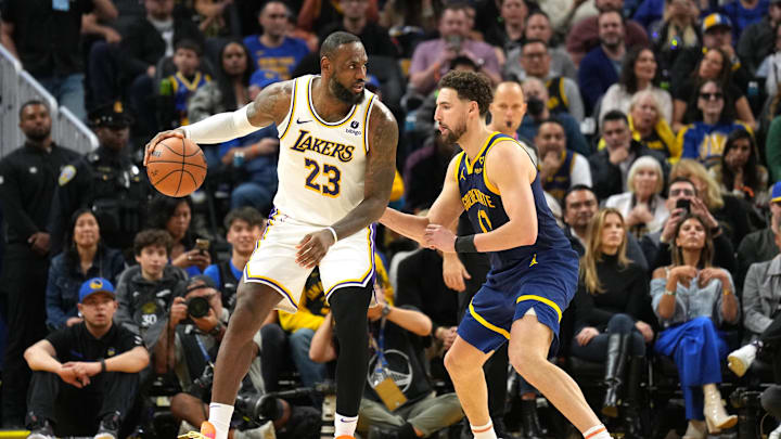 Jan 27, 2024; San Francisco, California, USA; Los Angeles Lakers forward LeBron James (23) dribbles