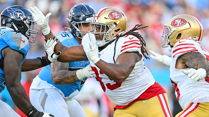 Aug 10, 2024; Nashville, Tennessee, USA;  San Francisco 49ers defensive tackle Kalia Davis (93) rushes the quarterback against the Tennessee Titans during the first half at Nissan Stadium. Mandatory Credit: Steve Roberts-Imagn Images