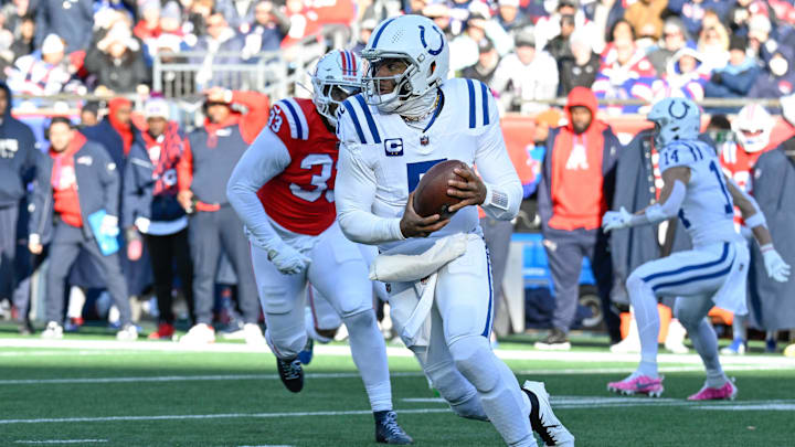 Dec 1, 2024; Foxborough, Massachusetts, USA; Indianapolis Colts quarterback Anthony Richardson (5) runs the ball against the New England Patriots during the first half at Gillette Stadium. Mandatory Credit: Eric Canha-Imagn Images