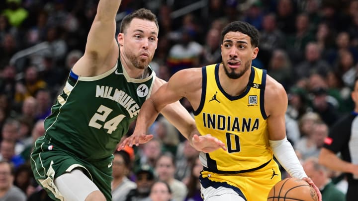 Apr 21, 2024; Milwaukee, Wisconsin, USA; Indiana Pacers guard Tyrese Haliburton (0) drives past