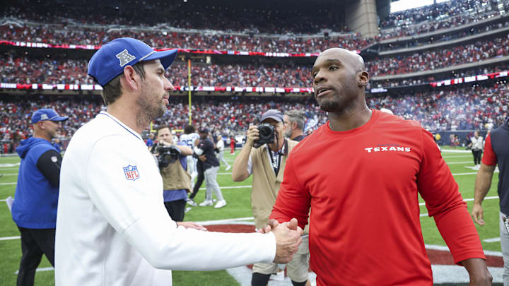Oct 27, 2024; Houston, Texas, USA; Houston Texans head coach DeMeco Ryans (right) greets Indianapolis Colts head coach Shan Steichen after the game at NRG Stadium. Mandatory Credit: Troy Taormina-Imagn Images