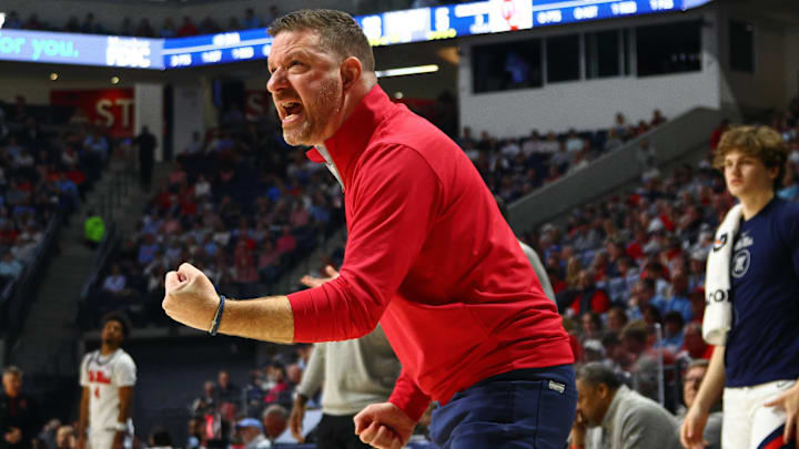 Mar 1, 2025; Oxford, Mississippi, USA; Mississippi Rebels head coach Chris Beard reacts during the first half against the Oklahoma Sooners at The Sandy and John Black Pavilion at Ole Miss. Mandatory Credit: Petre Thomas-Imagn Images