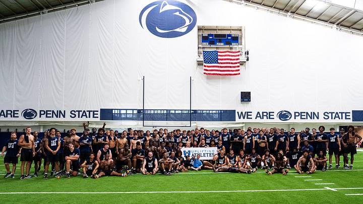Penn State Nittany Lions football players pose for a team photo during the 23rd annual Lift for Life at Holuba Hall. Penn State Nittany Lions football players pose for a team photo during the 23rd annual Lift for Life at Holuba Hall.