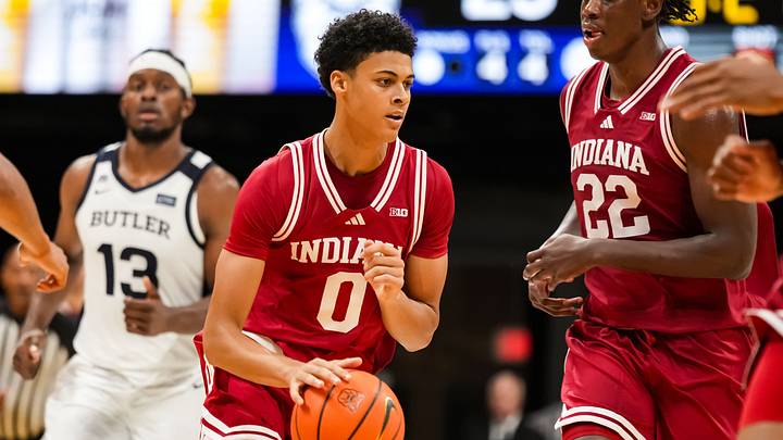 Indiana Hoosiers forward Trevor Manhertz (0) rushes up the court Sunday, Oct. 11, 2026, during a preseason game at Hinkle Fieldhouse in Indianapolis. The Indiana Hoosiers defeated the Butler Bulldogs, 96-68.