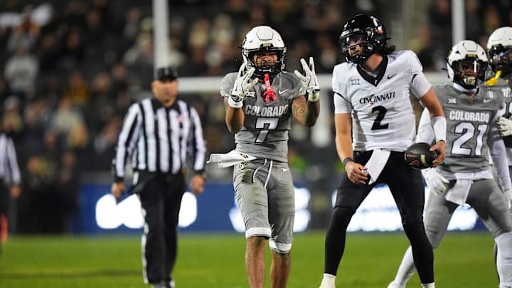 Oct 26, 2024; Boulder, Colorado, USA; Colorado Buffaloes safety Cam'Ron Silmon-Craig (7) holds up the number six in the fourth quarter against the Cincinnati Bearcats  at Folsom Field. Mandatory Credit: Ron Chenoy-Imagn Images
