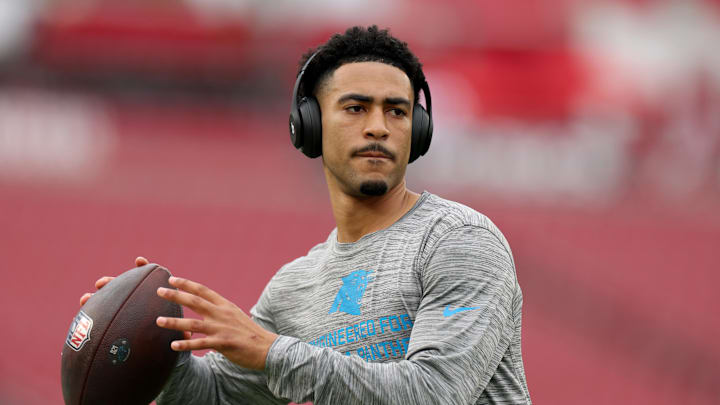Carolina Panthers quarterback Bryce Young (9) warms up before the game against the Tampa Bay Buccaneers Carolina Panthers quarterback Bryce Young (9) warms up before the game against the Tampa Bay Buccaneers