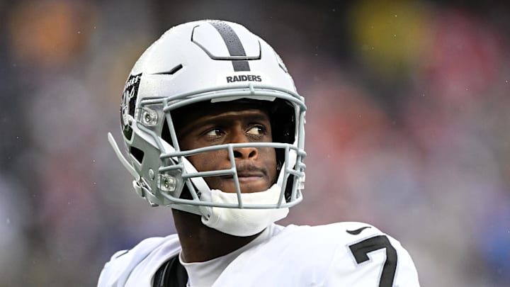 Sep 7, 2025; Foxborough, Massachusetts, USA; Las Vegas Raiders quarterback Geno Smith (7) reacts against the New England Patriots during the second half at Gillette Stadium. Mandatory Credit: Brian Fluharty-Imagn Images