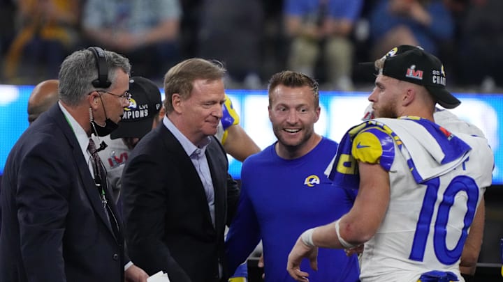Feb 13, 2022; Inglewood, California, USA; Los Angeles Rams head coach Sean McVay celebrates with wide receiver Cooper Kupp (10) on the podium after the Rams defeated the Cincinnati Bengals in Super Bowl LVI at SoFi Stadium. Mandatory Credit: Kirby Lee-Imagn Images