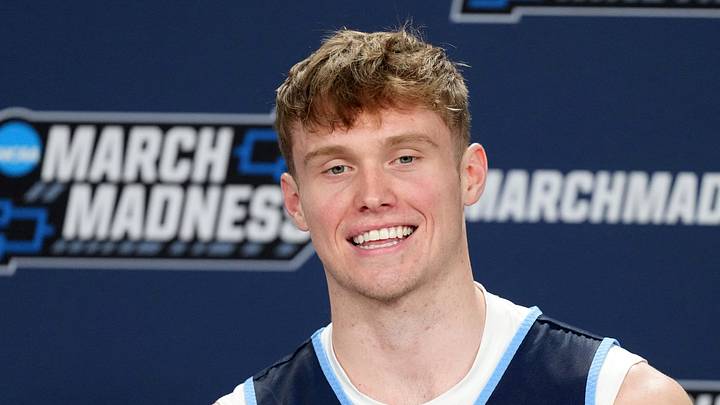Mar 19, 2026; San Diego, CA, USA; Villanova Wildcats forward Duke Brennan (24) at press conference ahead of the first round of the men's 2026 NCAA Tournament at Viejas Arena. Mandatory Credit: Kirby Lee-Imagn Images