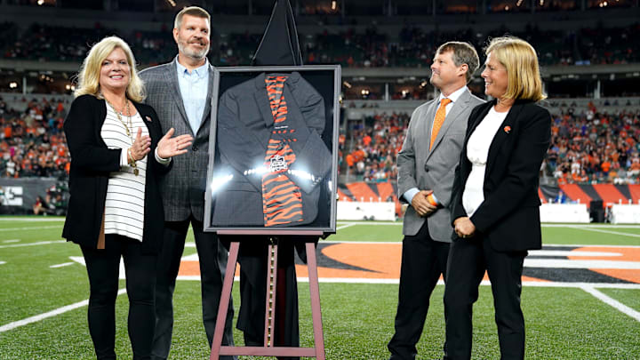 The Brown family unveils a commemorative jacket for Cincinnati Bengals founder Paul Brown at a halftime ceremony during a Week 4 NFL football game between the Jacksonville Jaguars and the Cincinnati Bengals, Thursday, Sept. 30, 2021, at Paul Brown Stadium in Cincinnati.

Jacksonville Jaguars At Cincinnati Bengals Sept 30