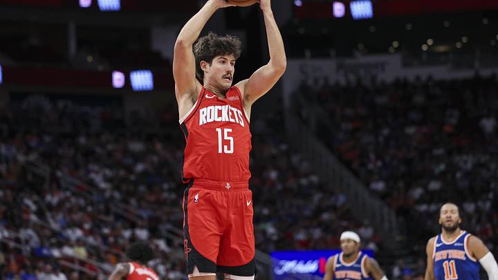 Nov 4, 2024; Houston, Texas, USA; Houston Rockets guard Reed Sheppard (15) gets a rebound during the game against the New York Knicks at Toyota Center. Mandatory Credit: Troy Taormina-Imagn Images