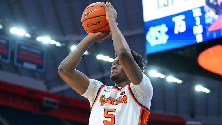 Feb 21, 2026; Syracuse, New York, USA; Syracuse Orange forward Tyler Betsey (5) shoots during the second half against the North Carolina Tar Heels at the JMA Wireless Dome. Mandatory Credit: Rich Barnes-Imagn Images