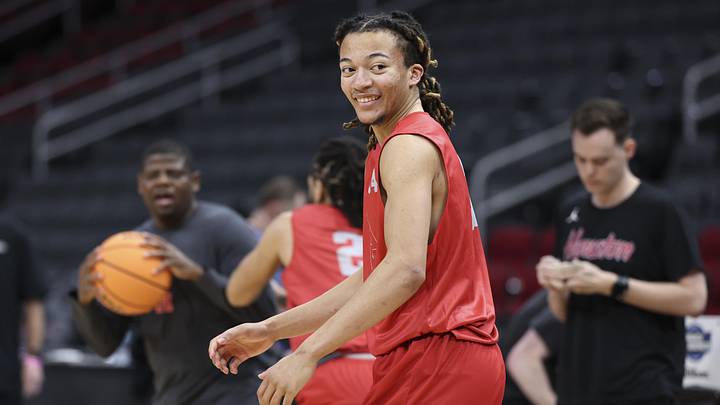 Mar 25, 2026; Houston, TX, USA; Houston Cougars guard Kingston Flemings (4) during a practice session ahead of the south regional of the men's 2026 NCAA Tournament at Toyota Center. Mandatory Credit: Troy Taormina-Imagn Images Mar 25, 2026; Houston, TX, USA; Houston Cougars guard Kingston Flemings (4) during a practice session ahead of the south regional of the men's 2026 NCAA Tournament at Toyota Center. Mandatory Credit: Troy Taormina-Imagn Images