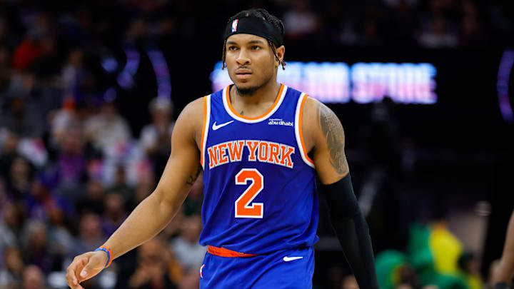 Mar 10, 2025; Sacramento, California, USA; New York Knicks guard Miles McBride (2) walks towards the bench during the second quarter against the Sacramento Kings at Golden 1 Center. Mandatory Credit: Sergio Estrada-Imagn Images