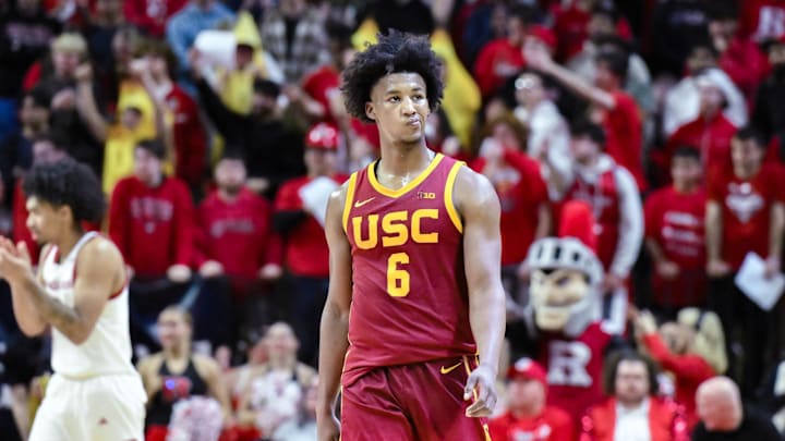 Feb 23, 2025; Piscataway, New Jersey, USA; USC Trojans guard Wesley Yates III (6) during the second half against the Rutgers Scarlet Knights at Jersey Mike's Arena. Mandatory Credit: John Jones-Imagn Images