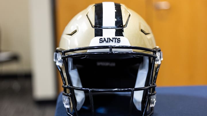 Mar 11, 2023; Metairie, LA, USA;  Detailed view of New Orleans Saints helmet at Ochsner Sports Performance Center. Mandatory Credit: Stephen Lew-Imagn Images
