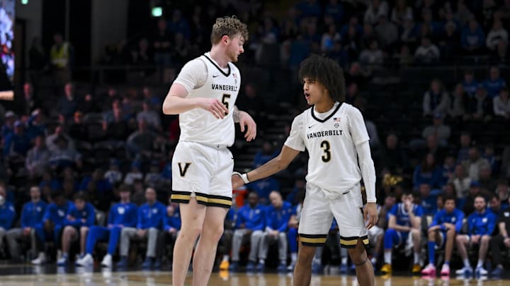 Jan 27, 2026; Nashville, Tennessee, USA; Vanderbilt Commodores guard Tyler Tanner (3) reacts after a big basket made by forward Tyler Nickel (5) against the Kentucky Wildcats during the second half at Memorial Gymnasium. Mandatory Credit: Steve Roberts-Imagn Images Jan 27, 2026; Nashville, Tennessee, USA; Vanderbilt Commodores guard Tyler Tanner (3) reacts after a big basket made by forward Tyler Nickel (5) against the Kentucky Wildcats during the second half at Memorial Gymnasium. Mandatory Credit: Steve Roberts-Imagn Images