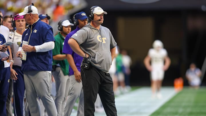 Oct 19, 2024; Atlanta, Georgia, USA; Georgia Tech Yellow Jackets head coach Brent Key on the sideline against the Notre Dame Fighting Irish in the first quarter at Mercedes-Benz Stadium. Mandatory Credit: Brett Davis-Imagn Images
