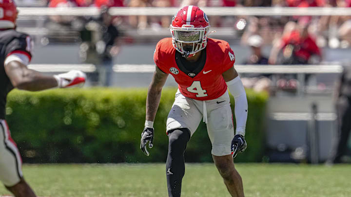 Apr 13, 2024; Athens, GA, USA; Georgia Bulldogs defensive back KJ Bolden (4) shown during the G-Day Game at Sanford Stadium. Mandatory Credit: Dale Zanine-Imagn Images
