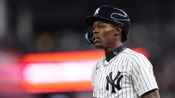 New York Yankees second baseman Jazz Chisholm Jr. (13) reacts after being called out before replay overturned the play, resulting in an infield single during the third inning against the Baltimore Orioles at Yankee Stadium.