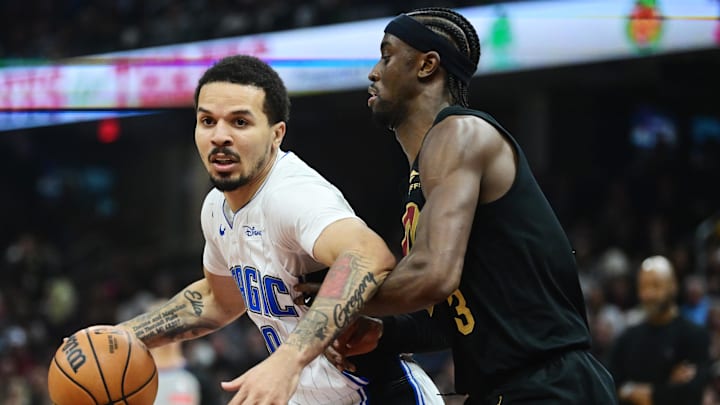 Apr 30, 2024; Cleveland, Ohio, USA; Orlando Magic guard Cole Anthony (50) drives to the basket