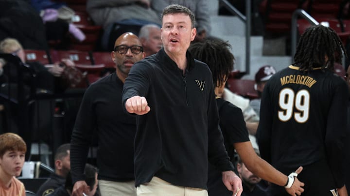 Jan 24, 2026; Starkville, Mississippi, USA; Vanderbilt Commodores head coach Mark Byington reacts during the second half against the Mississippi State Bulldogs at Humphrey Coliseum. Mandatory Credit: Petre Thomas-Imagn Images