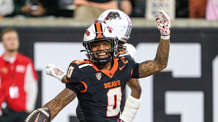 Oct 18, 2025; Corvallis, Oregon, USA; Oregon State Beavers running back Anthony Hankerson (0) celebrates his third touchdown run against the Lafayette Leopards during the fourth quarter at Reser Stadium. Mandatory Credit: Craig Strobeck-Imagn Images Oct 18, 2025; Corvallis, Oregon, USA; Oregon State Beavers running back Anthony Hankerson (0) celebrates his third touchdown run against the Lafayette Leopards during the fourth quarter at Reser Stadium. Mandatory Credit: Craig Strobeck-Imagn Images