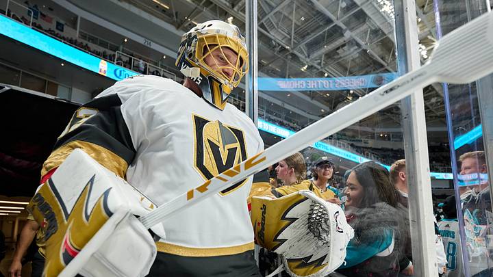 Oct 9, 2025; San Jose, California, USA; Vegas Golden Knights goaltender Adin Hill (33) walks to the ice for warmups before the game against the San Jose Sharks at SAP Center at San Jose. Mandatory Credit: Robert Edwards-Imagn Images Oct 9, 2025; San Jose, California, USA; Vegas Golden Knights goaltender Adin Hill (33) walks to the ice for warmups before the game against the San Jose Sharks at SAP Center at San Jose. Mandatory Credit: Robert Edwards-Imagn Images