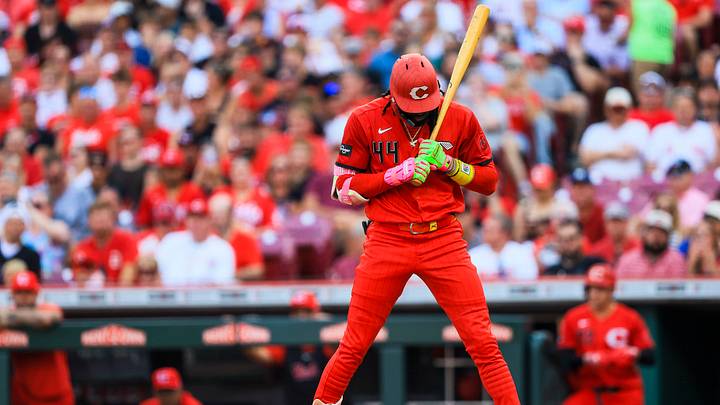 Aug 15, 2026; Cincinnati, Ohio, USA; Cincinnati Reds shortstop Elly De La Cruz (44) at bat in the first inning against the Miami Marlins at Great American Ball Park. Mandatory Credit: Katie Stratman-Imagn Images