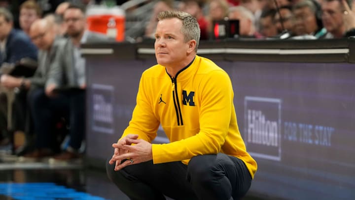 Michigan Wolverines head coach Dusty May watches during the second half of the 2025 TIAA Big Ten Men’s Basketball Tournament final game against the Wisconsin Badgers on Sunday, March 16, 2025, at Gainbridge Fieldhouse in Indianapolis. Michigan defeated Wisconsin 59-53.