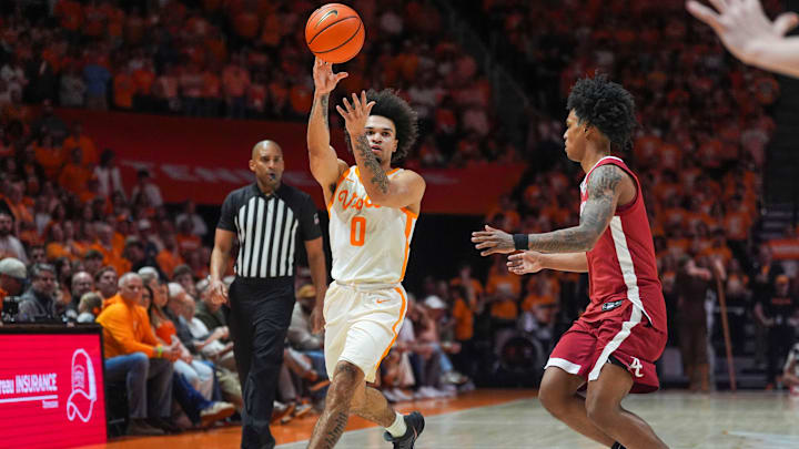 Tennessee guard Ja'Kobi Gillespie (0) passes the ball during a NCAA basketball game between Tennessee and Alabama at Thompson-Boling Arena at Food City Center in Knoxville, Tenn., on Feb. 28, 2026.