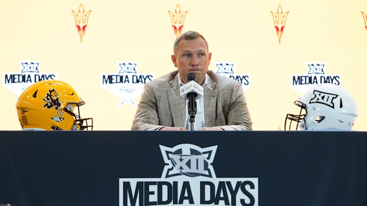 Jul 8, 2025; Frisco, TX, USA; Arizona State head coach Kenny Dillingham addresses the media during 2025 Big 12 Football Media Days at The Star. Mandatory Credit: Raymond Carlin III-Imagn Images