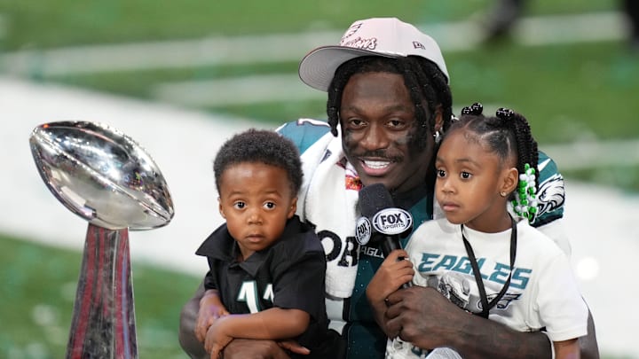 Feb 9, 2025; New Orleans, LA, USA; Philadelphia Eagles wide receiver A.J. Brown (11) talks to the media after defeating the Kansas City Chiefs in Super Bowl LIX at Caesars Superdome. Feb 9, 2025; New Orleans, LA, USA; Philadelphia Eagles wide receiver A.J. Brown (11) talks to the media after defeating the Kansas City Chiefs in Super Bowl LIX at Caesars Superdome.